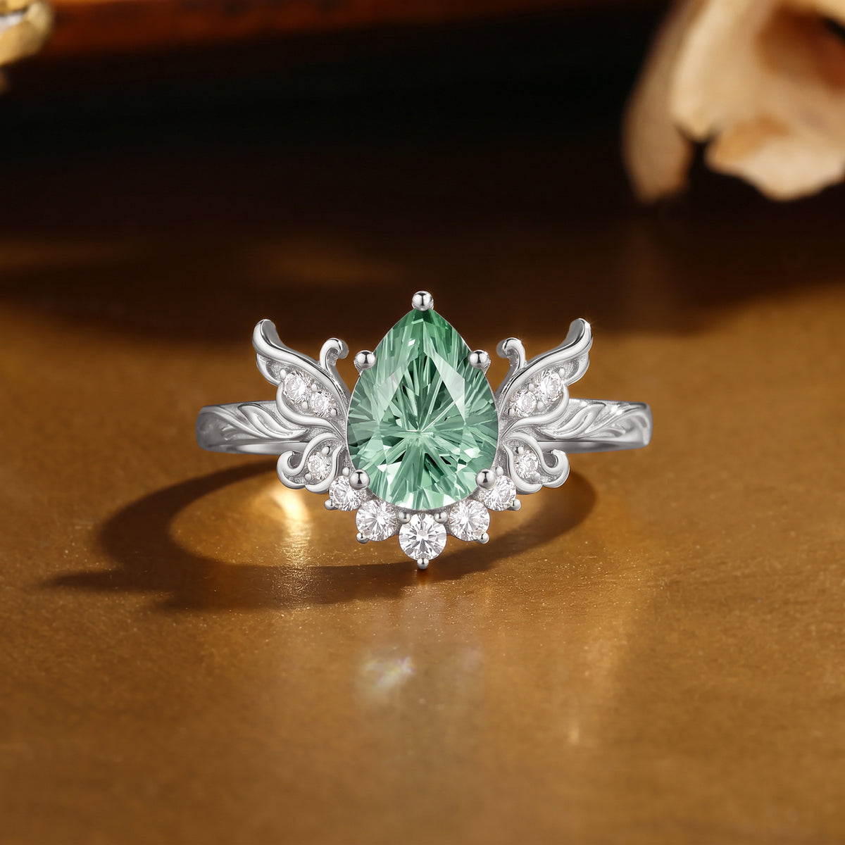 Forest Fairy Pear Firework Cut Green Sapphire Butterfly Engagement Ring - Fawn