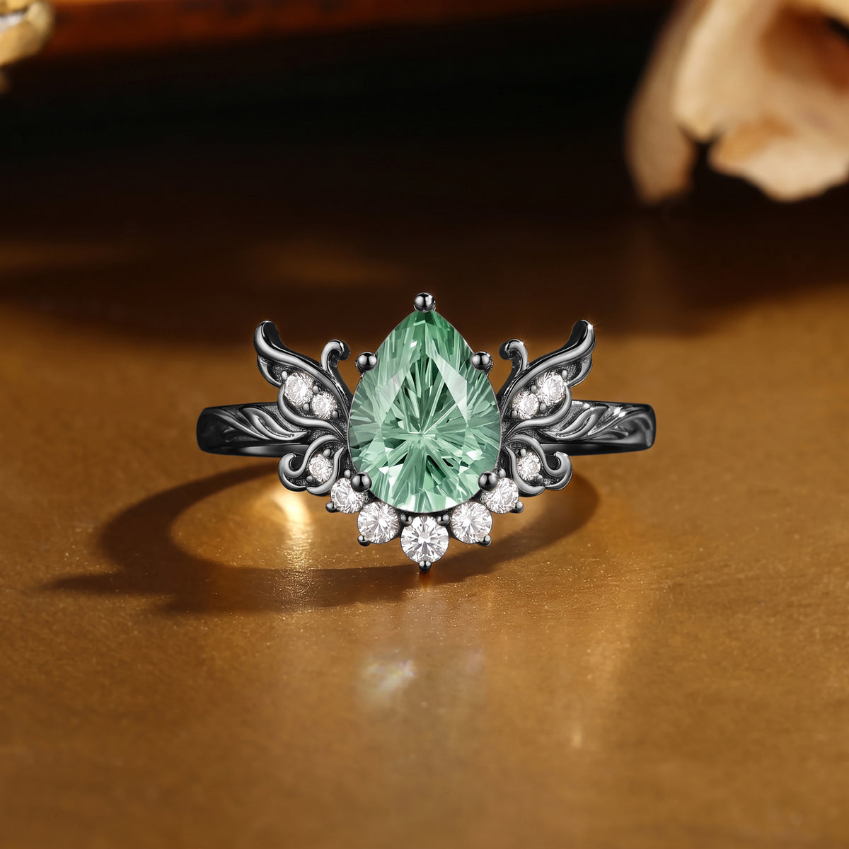 Forest Fairy Pear Firework Cut Green Sapphire Butterfly Engagement Ring - Fawn