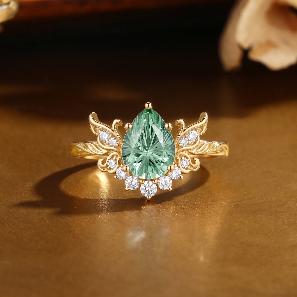Forest Fairy Pear Firework Cut Green Sapphire Butterfly Engagement Ring - Fawn