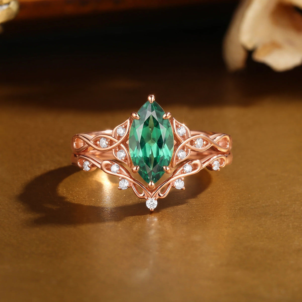 Forest Celitc Marquise Cut Emerald Twist Leafy Bridal Set 2pcs - Millicent