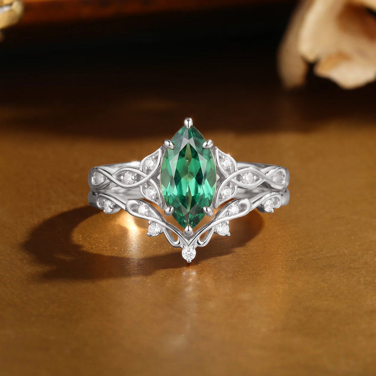 Forest Celitc Marquise Cut Emerald Twist Leafy Bridal Set 2pcs - Millicent