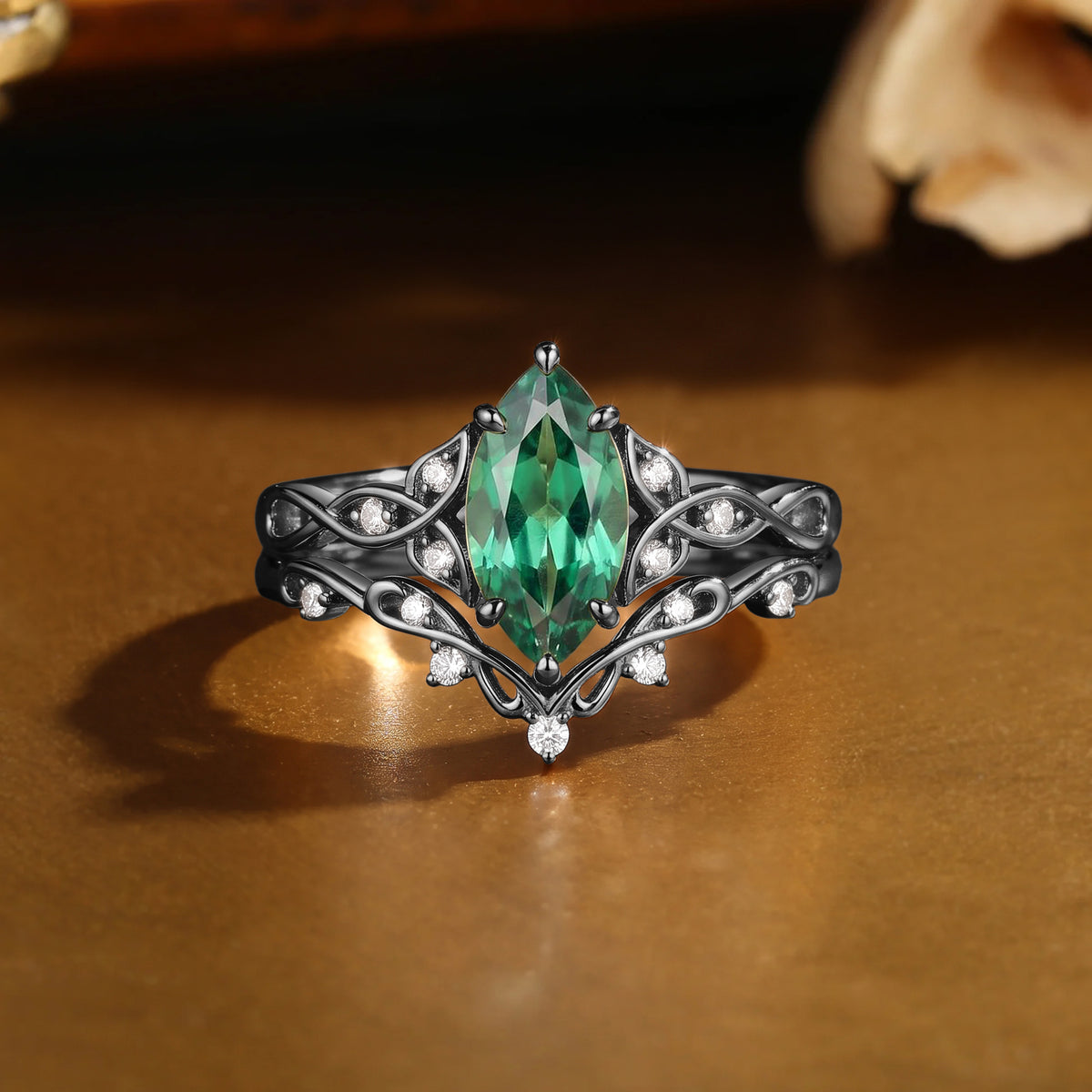 Forest Celitc Marquise Cut Emerald Twist Leafy Bridal Set 2pcs - Millicent