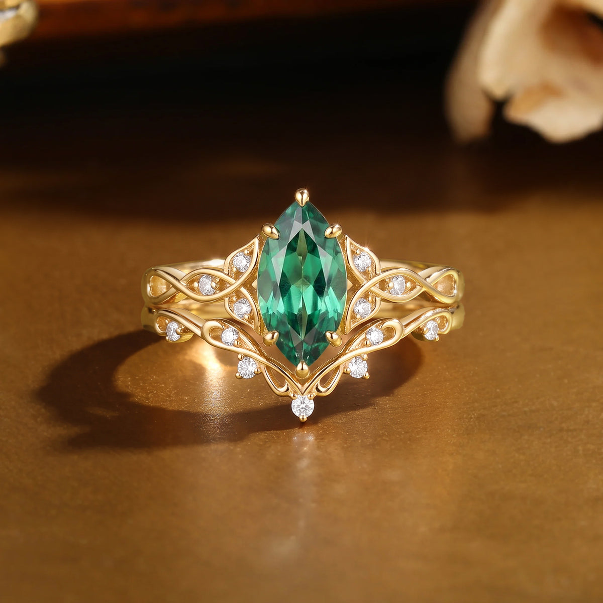 Forest Celitc Marquise Cut Emerald Twist Leafy Bridal Set 2pcs - Millicent