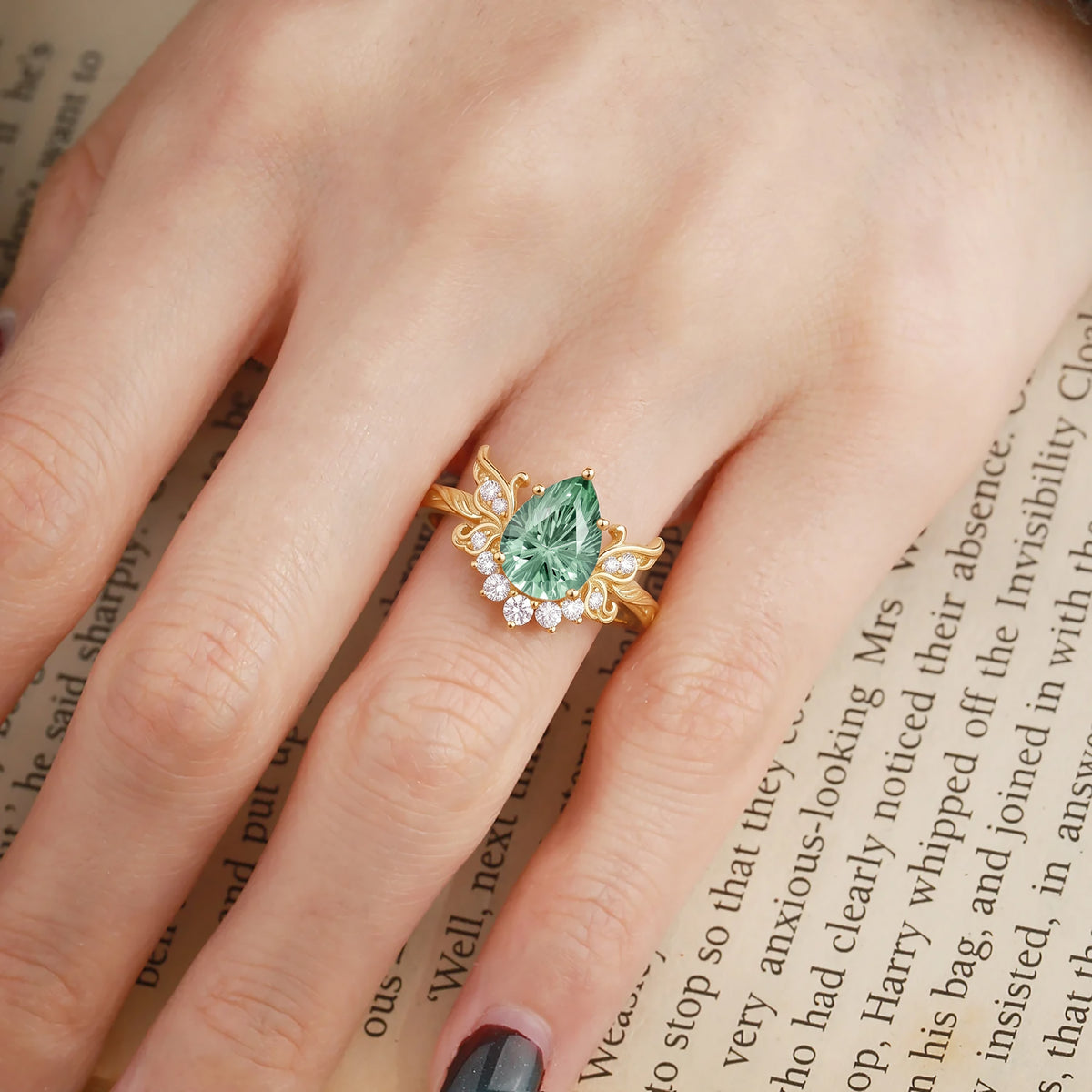 Forest Fairy Pear Firework Cut Green Sapphire Butterfly Engagement Ring - Fawn