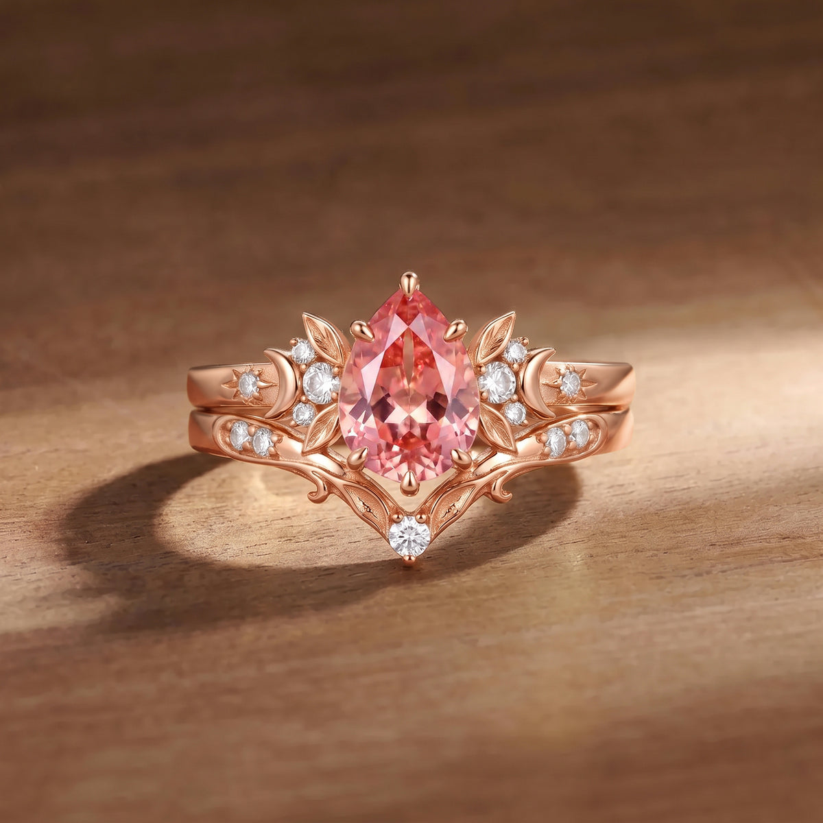 Floral Fairy Pear Cut Padparadscha Sapphire Moon&Leafy Bridal Set 2pcs - Prairie