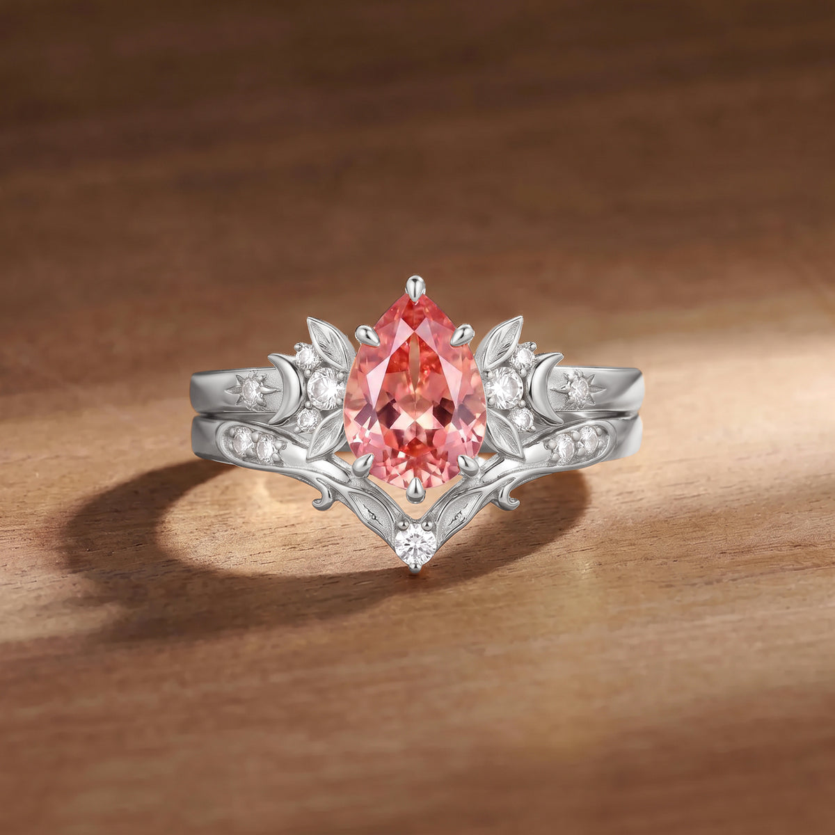 Floral Fairy Pear Cut Padparadscha Sapphire Moon&Leafy Bridal Set 2pcs - Prairie