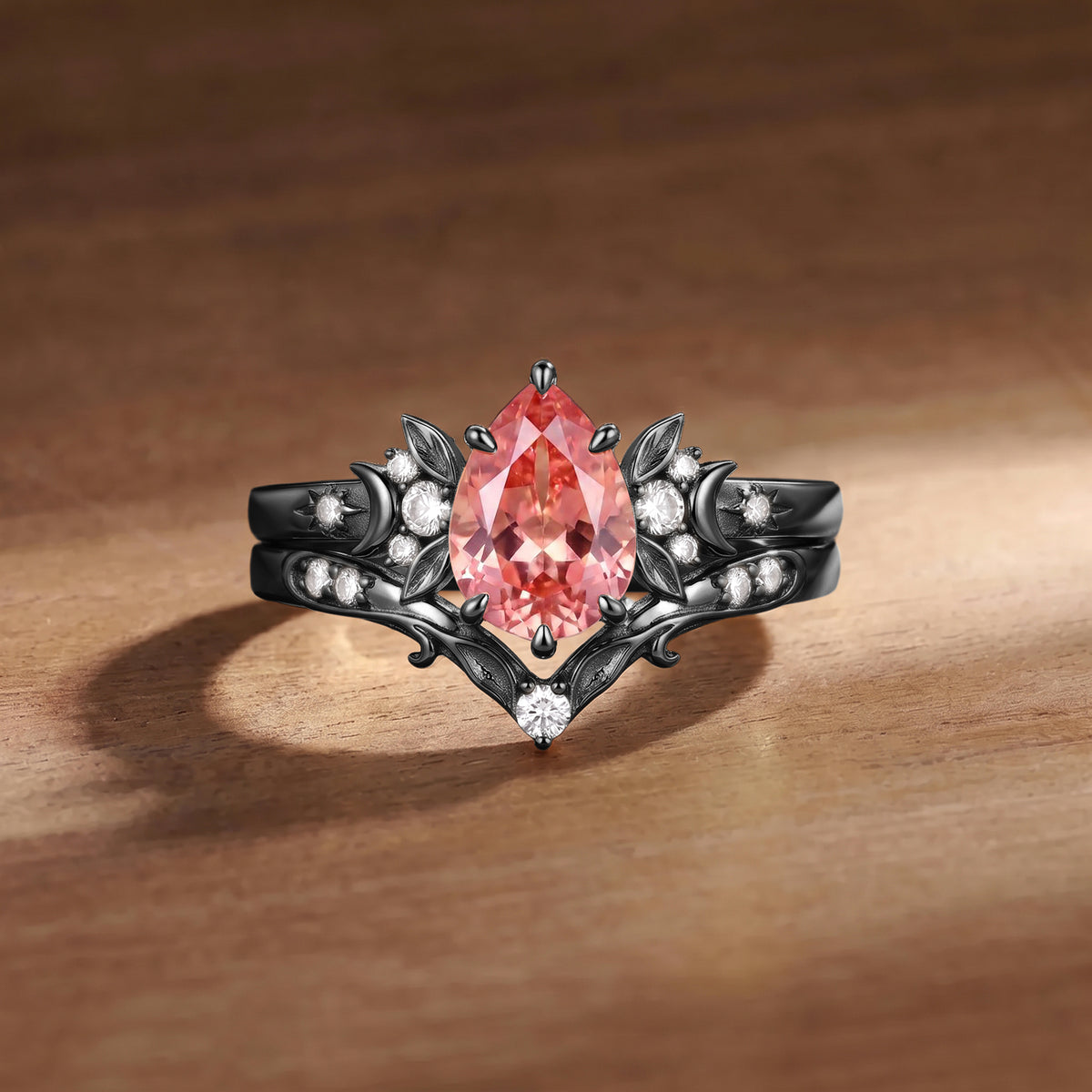 Floral Fairy Pear Cut Padparadscha Sapphire Moon&Leafy Bridal Set 2pcs - Prairie