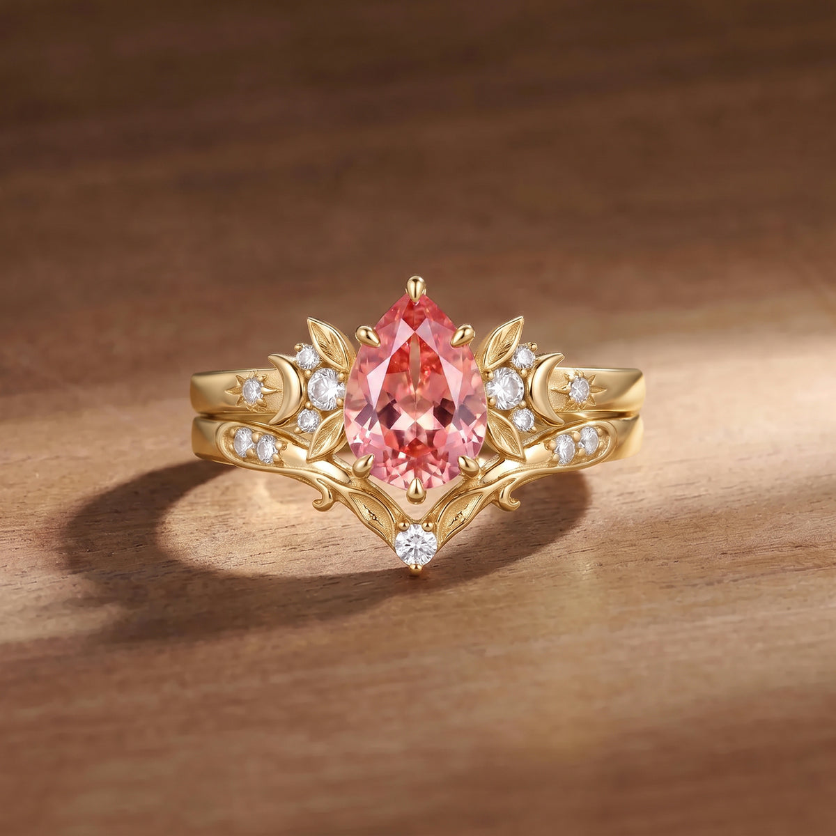 Floral Fairy Pear Cut Padparadscha Sapphire Moon&Leafy Bridal Set 2pcs - Prairie