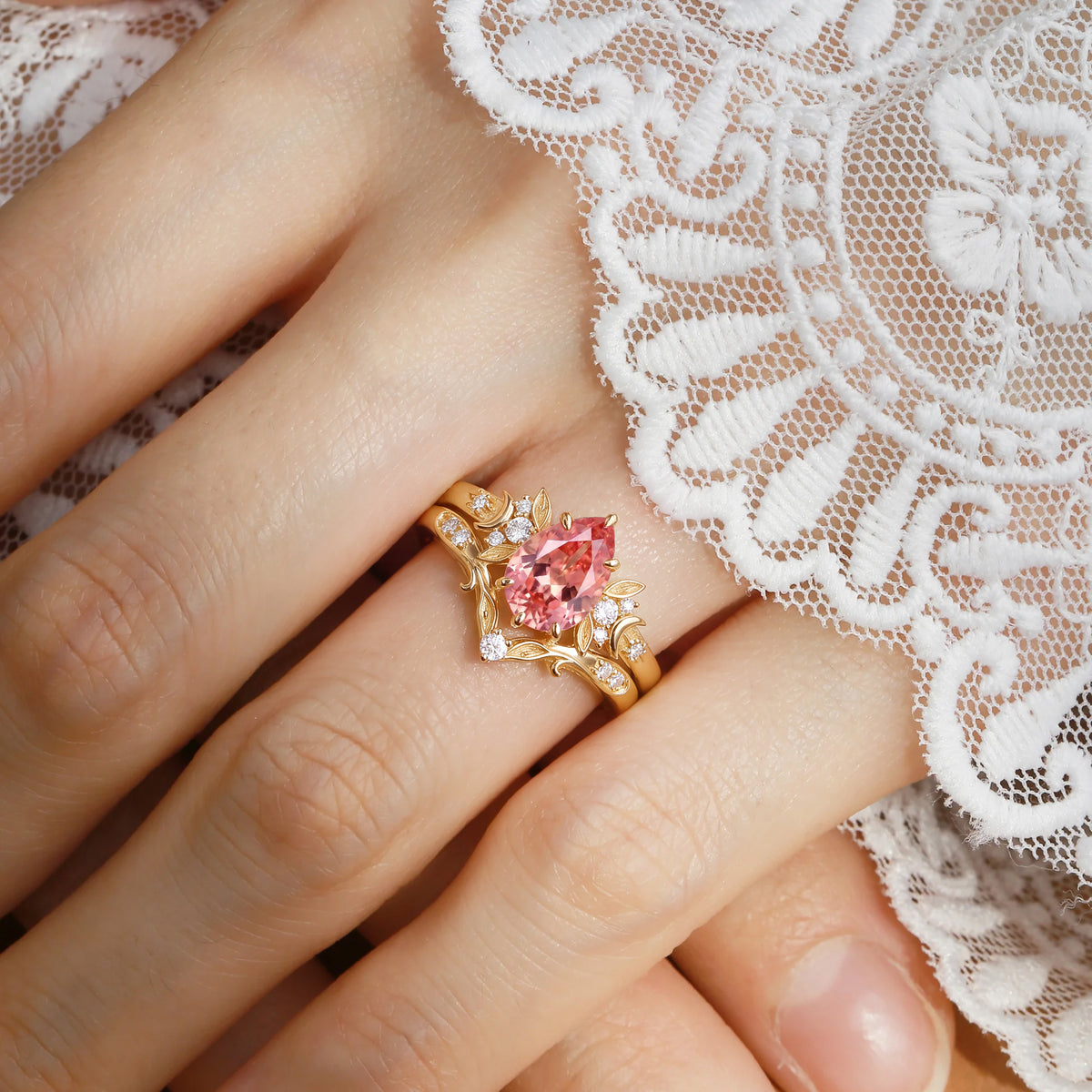 Floral Fairy Pear Cut Padparadscha Sapphire Moon&Leafy Bridal Set 2pcs - Prairie