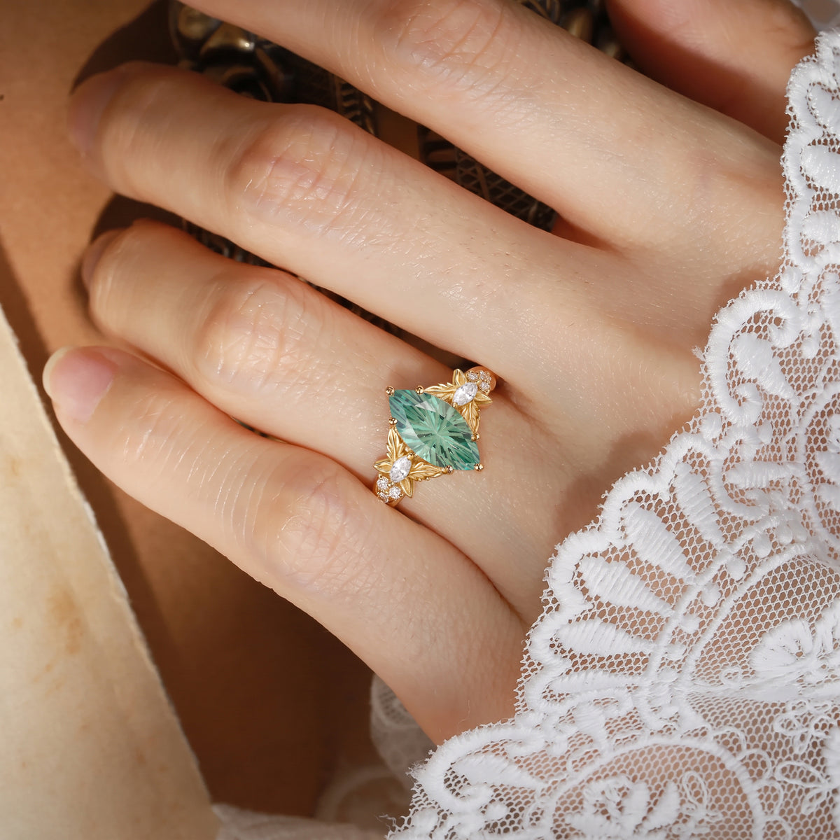 Forest Fairy Marquise Firework Cut Green Sapphire Butterfly Inspired Engagement Ring - Yara