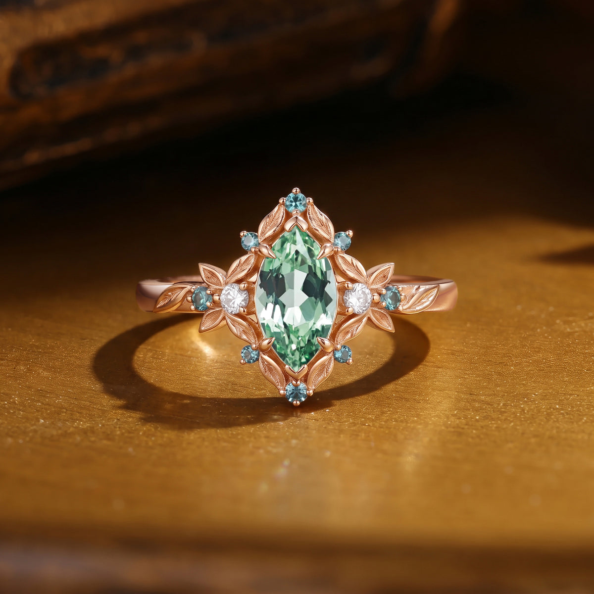Floral Fairy Marquise Cut Green Sapphire Botanical Engagement Ring - Phoebe