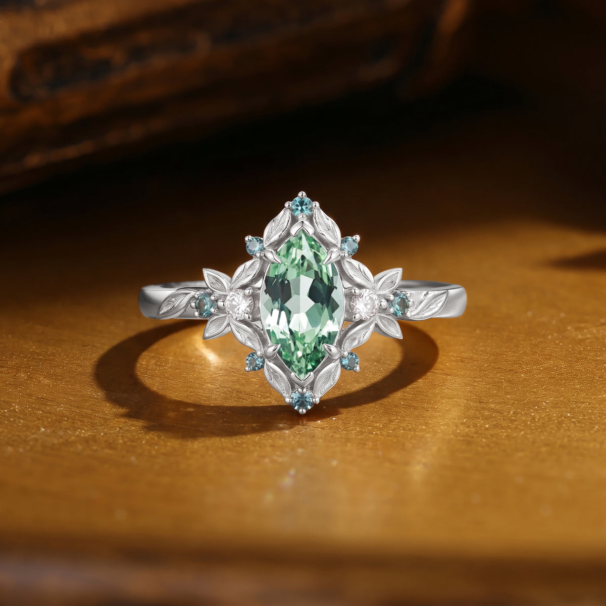 Floral Fairy Marquise Cut Green Sapphire Botanical Engagement Ring - Phoebe