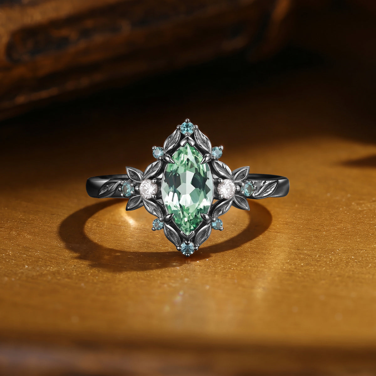 Floral Fairy Marquise Cut Green Sapphire Botanical Engagement Ring - Phoebe