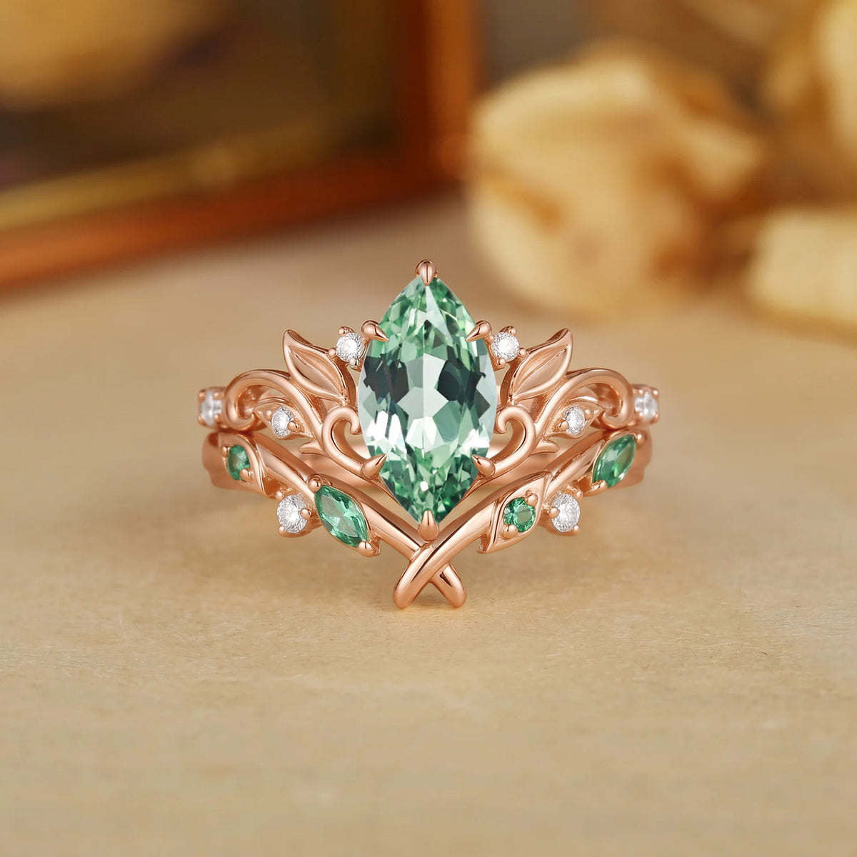 Floral Fairy Marquise Cut Green Sapphire Botanical Bridal Set 2pcs - Perrine