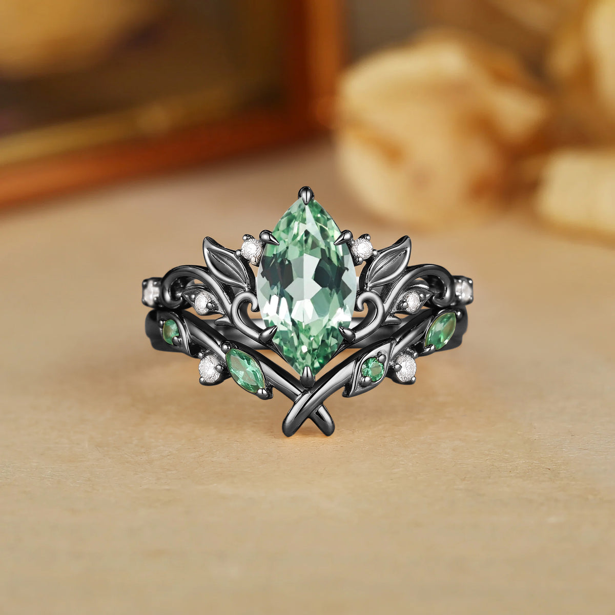 Floral Fairy Marquise Cut Green Sapphire Botanical Bridal Set 2pcs - Perrine