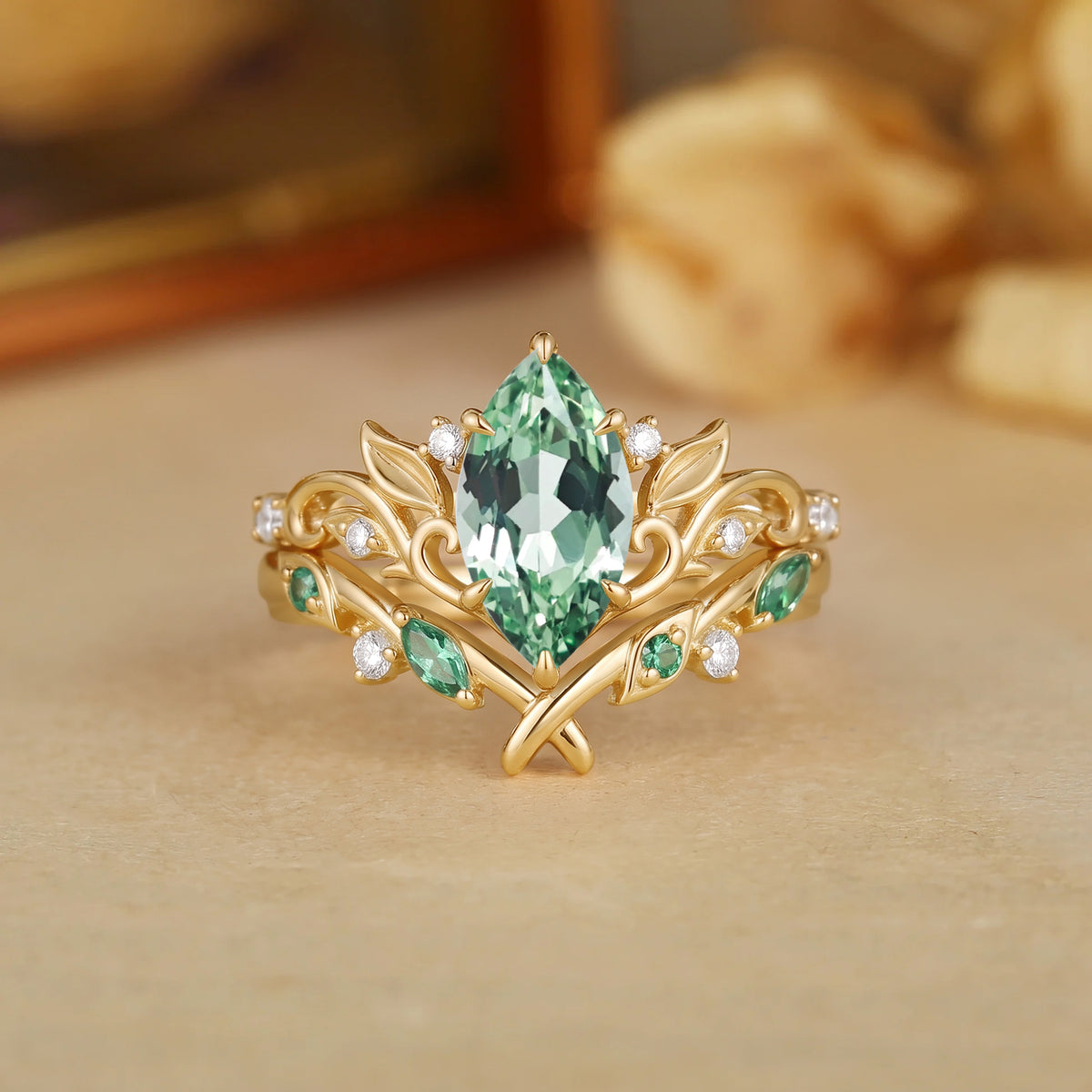 Floral Fairy Marquise Cut Green Sapphire Botanical Bridal Set 2pcs - Perrine