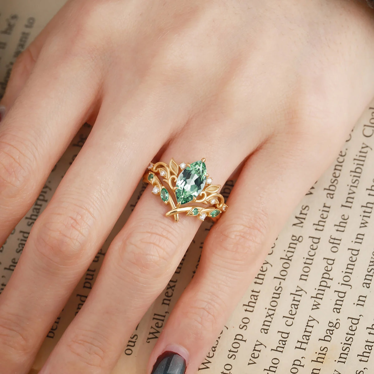 Floral Fairy Marquise Cut Green Sapphire Botanical Bridal Set 2pcs - Perrine