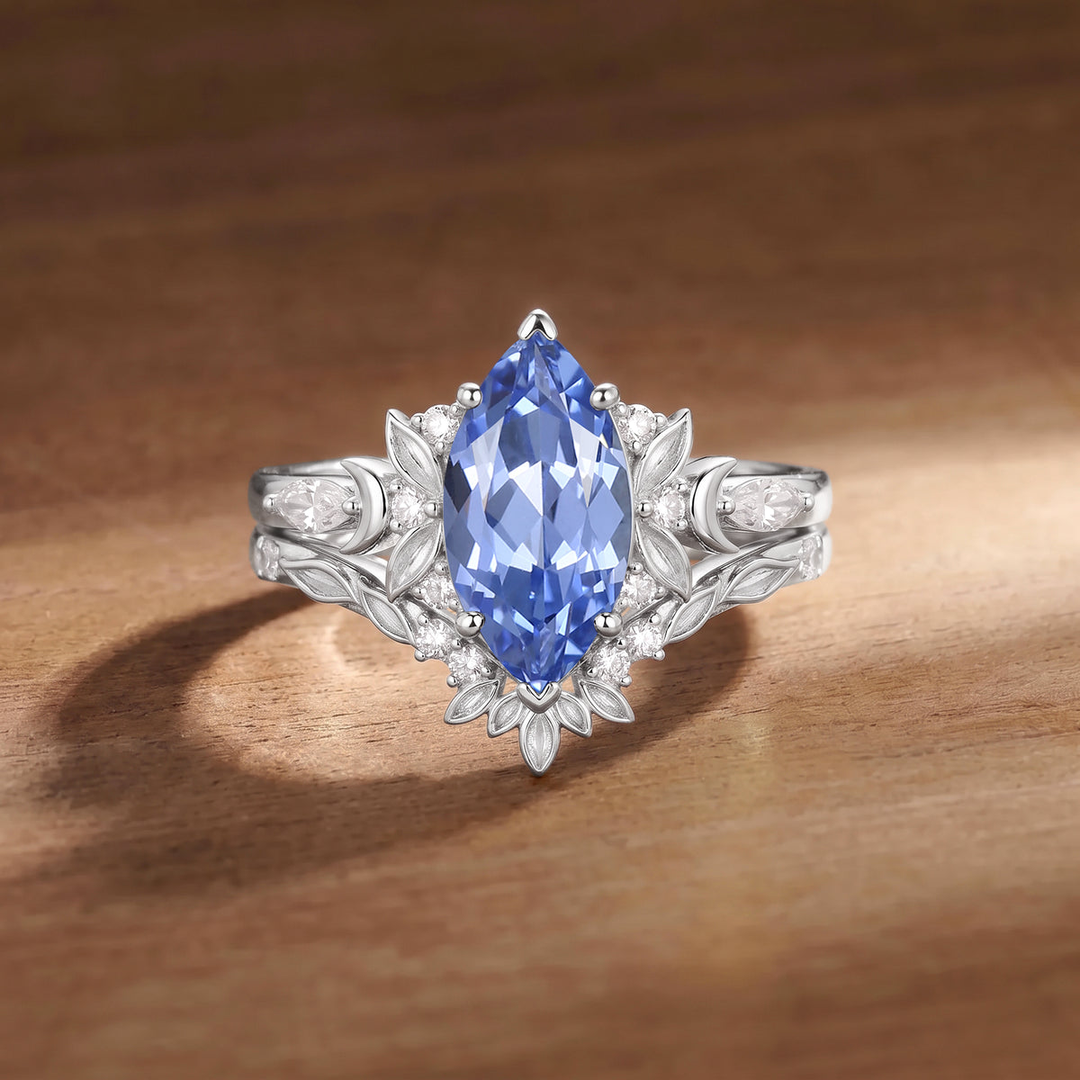 Mystic Marquise Cut Lab Sapphire Elf Ear Motif Engagement Ring-Elfy