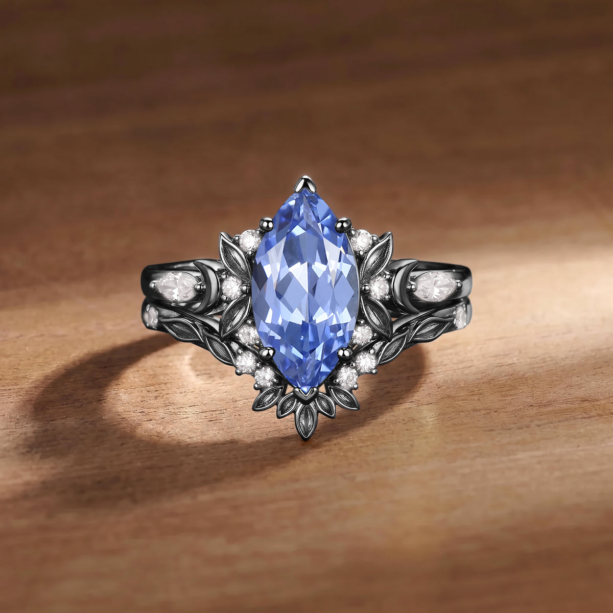 Mystic Marquise Cut Lab Sapphire Elf Ear Motif Engagement Ring-Elfy