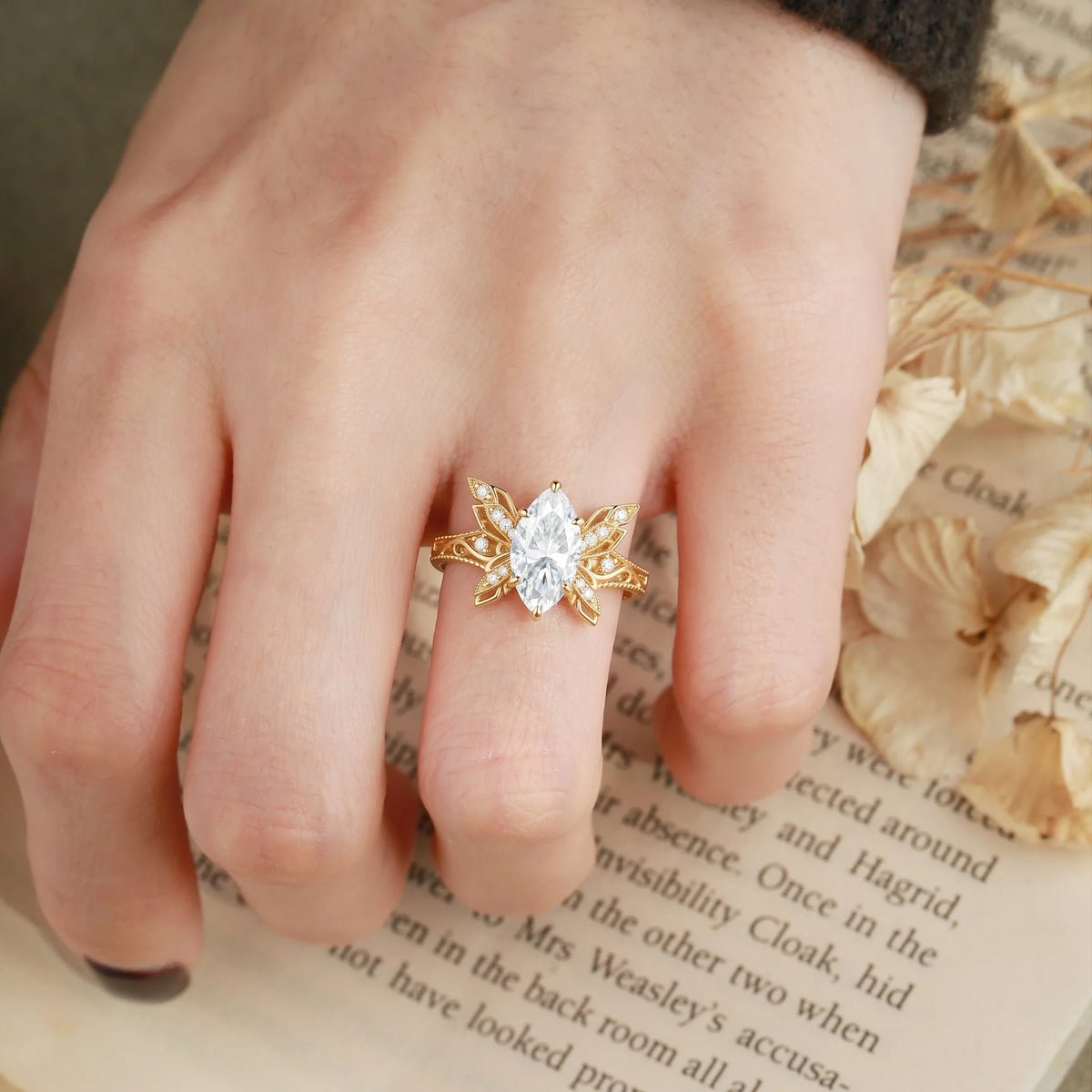 Dreamlike Marquise Shape Moissanite Filigree Butterfly Engagement Ring-Butty