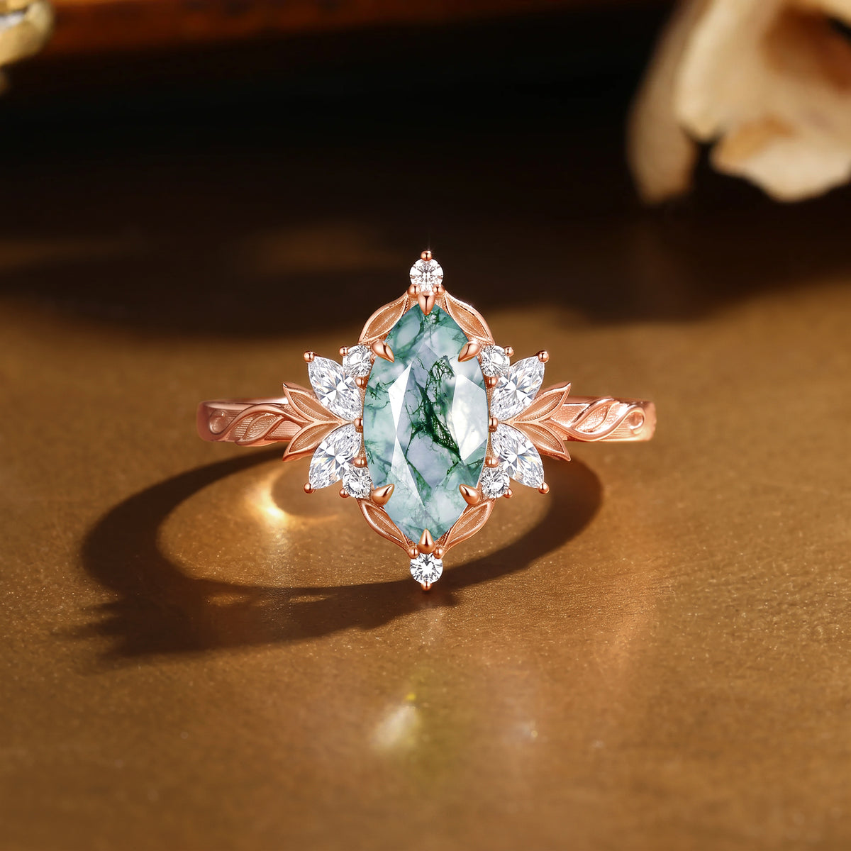 Forest Fairy Marquise Cut Moss Agate Leafy Inspired  Engagement Ring - Lynelle