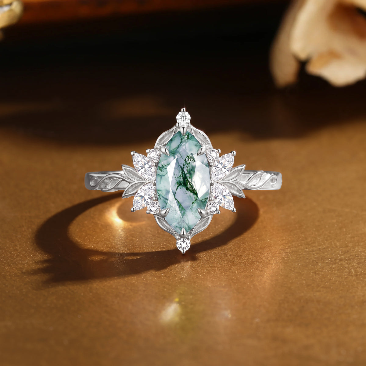 Forest Fairy Marquise Cut Moss Agate Leafy Inspired  Engagement Ring - Lynelle