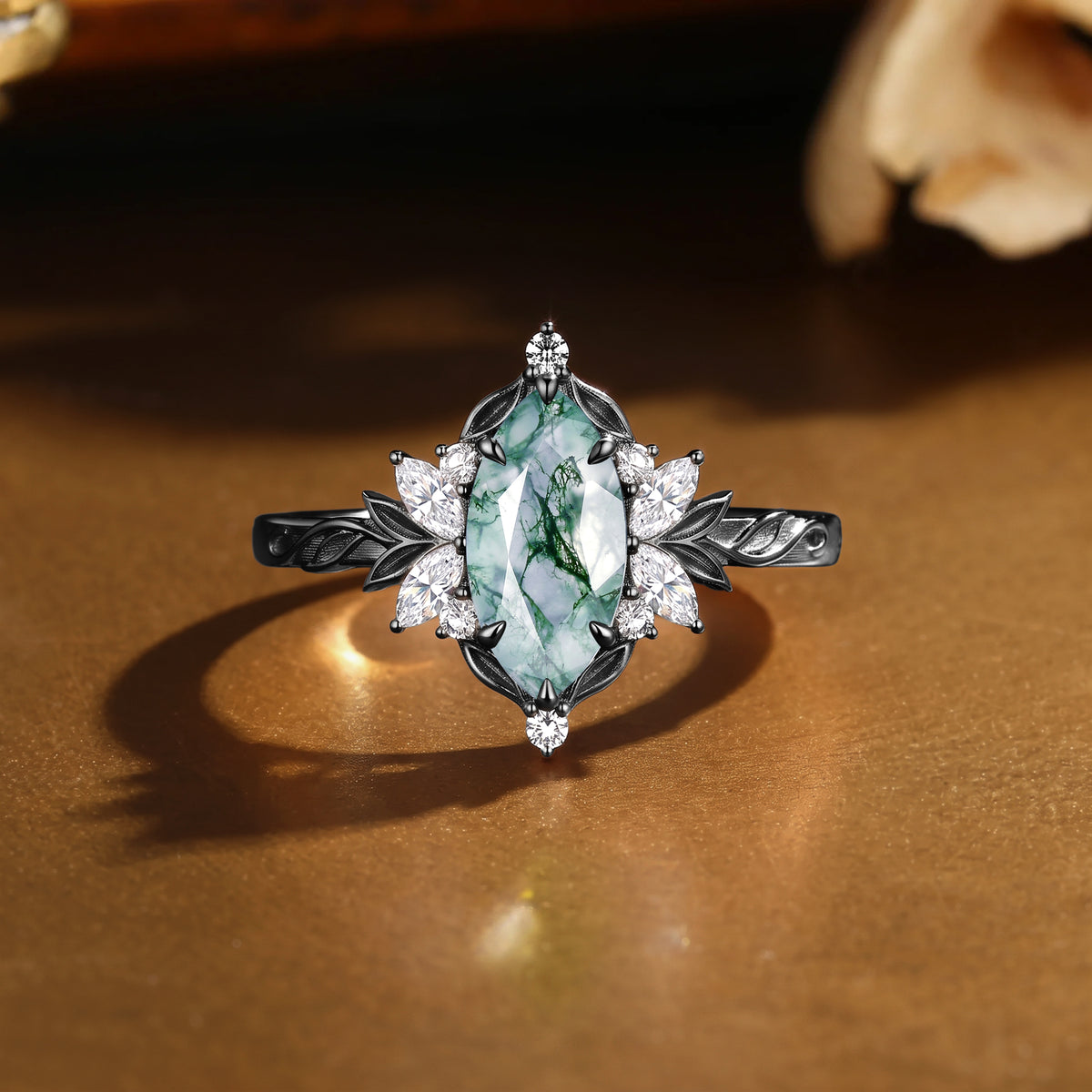 Forest Fairy Marquise Cut Moss Agate Leafy Inspired  Engagement Ring - Lynelle