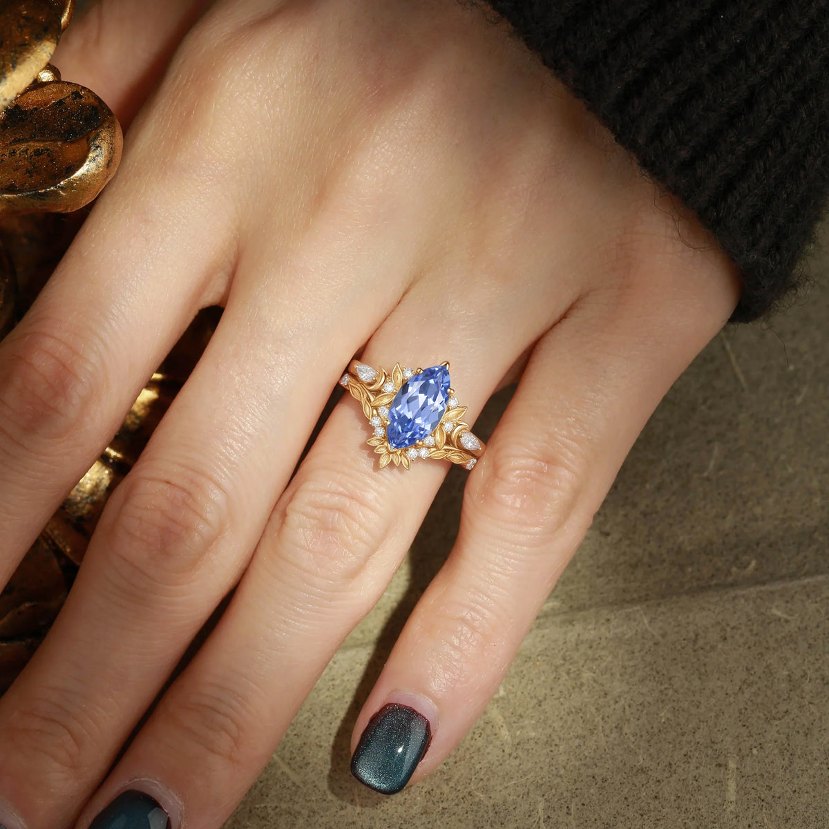 Mystic Marquise Cut Lab Sapphire Elf Ear Motif Engagement Ring-Elfy