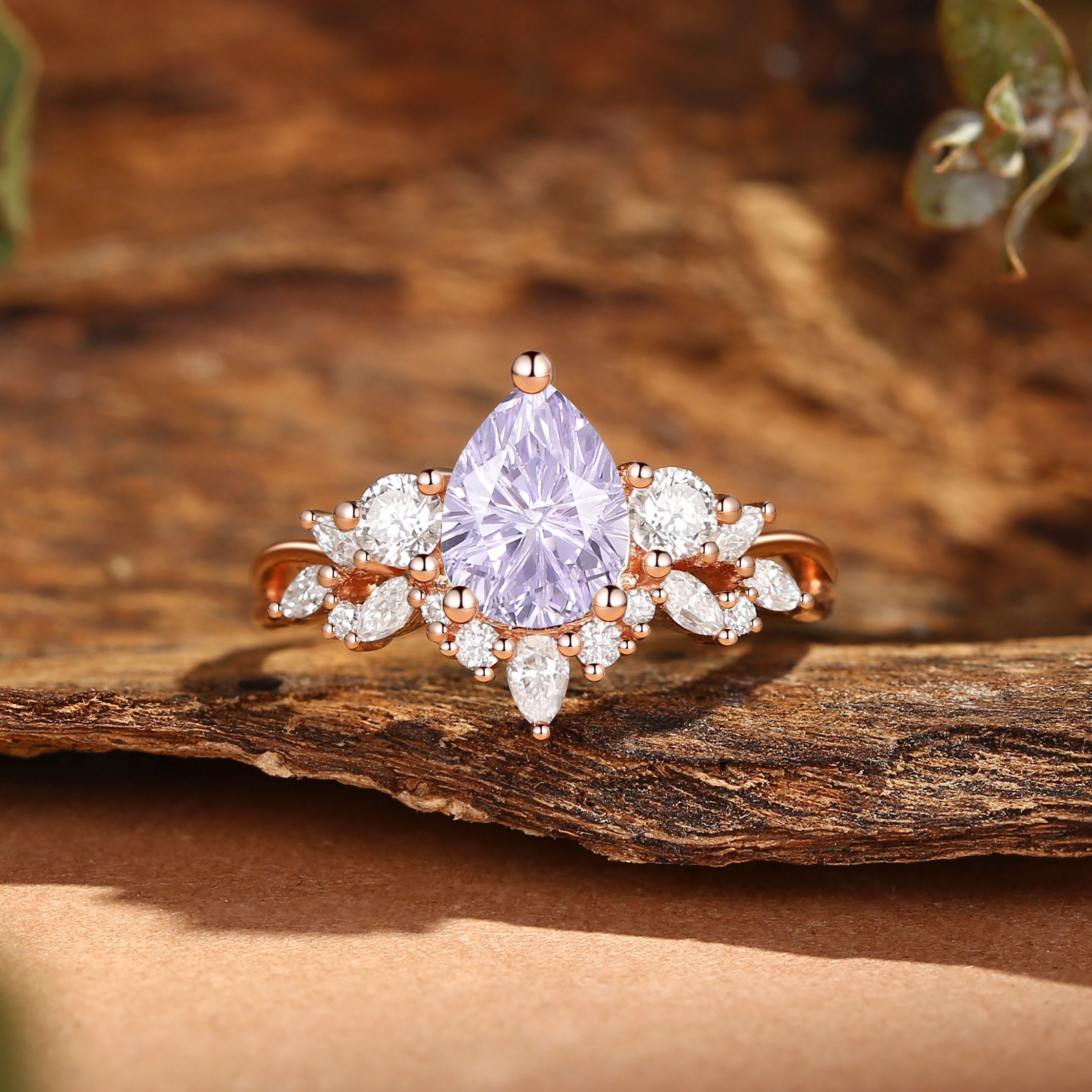 Elaia - Three Stone Firework Pear Cut Purple Sapphire Cluster Engagement Ring Set 2pcs