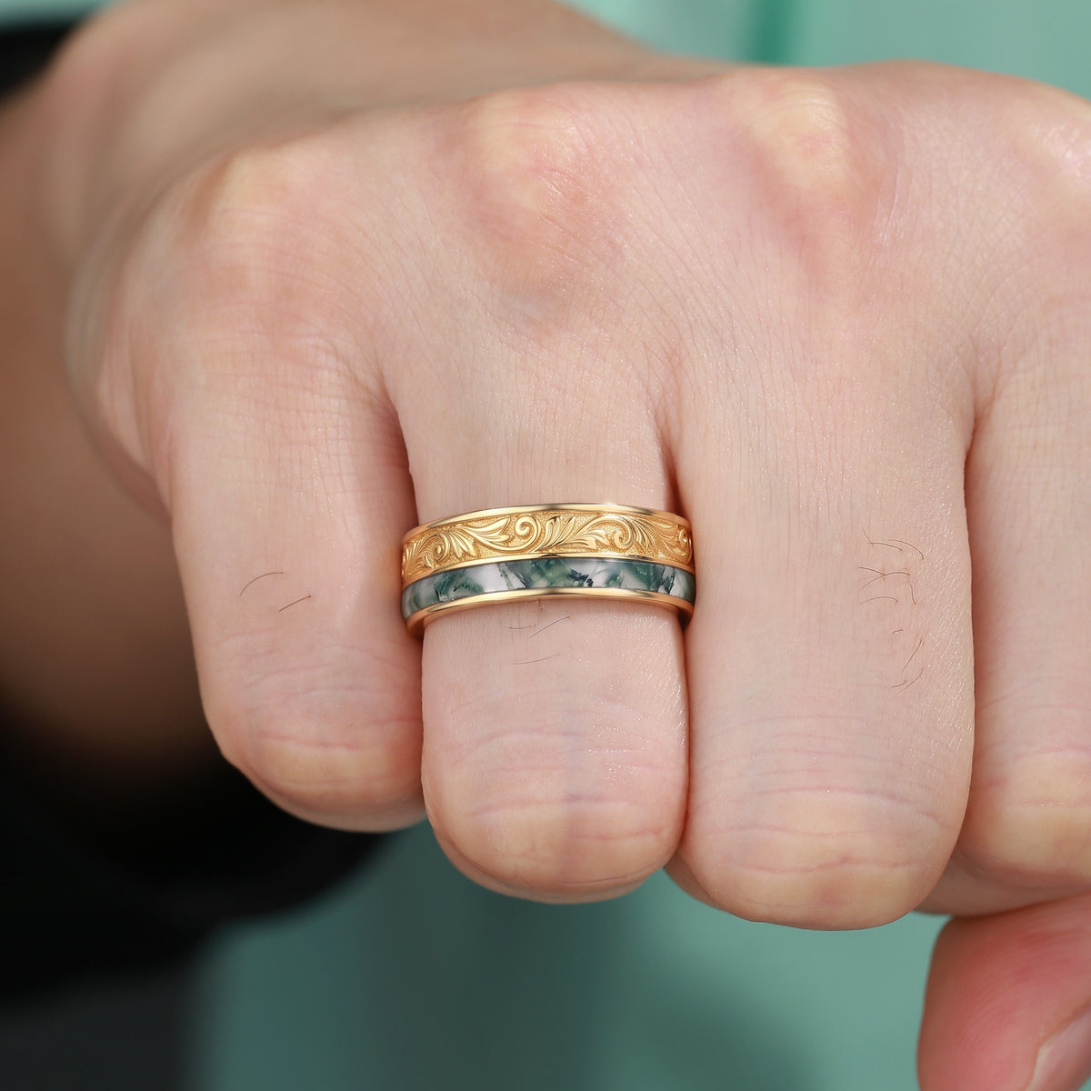 Vintage Scroll Engraved Moss Agate Inlay Yellow Gold Men's Ring