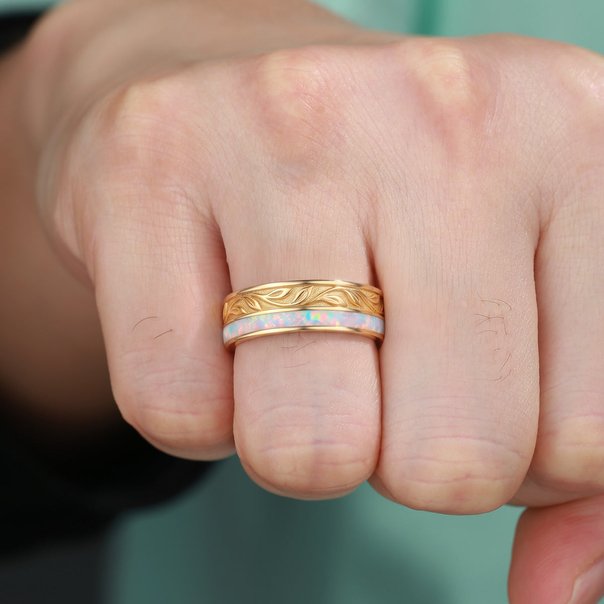 Vintage Leaf Hand Carved Opal Inlay Yellow Gold Men Wedding Band