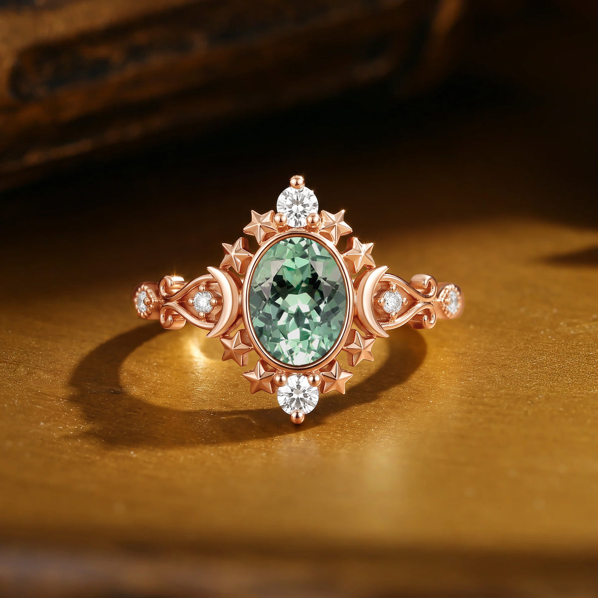 Celestial Bezel Oval Cut Green Sapphire Moon&Star Inspired Engagement Ring - Charlotte