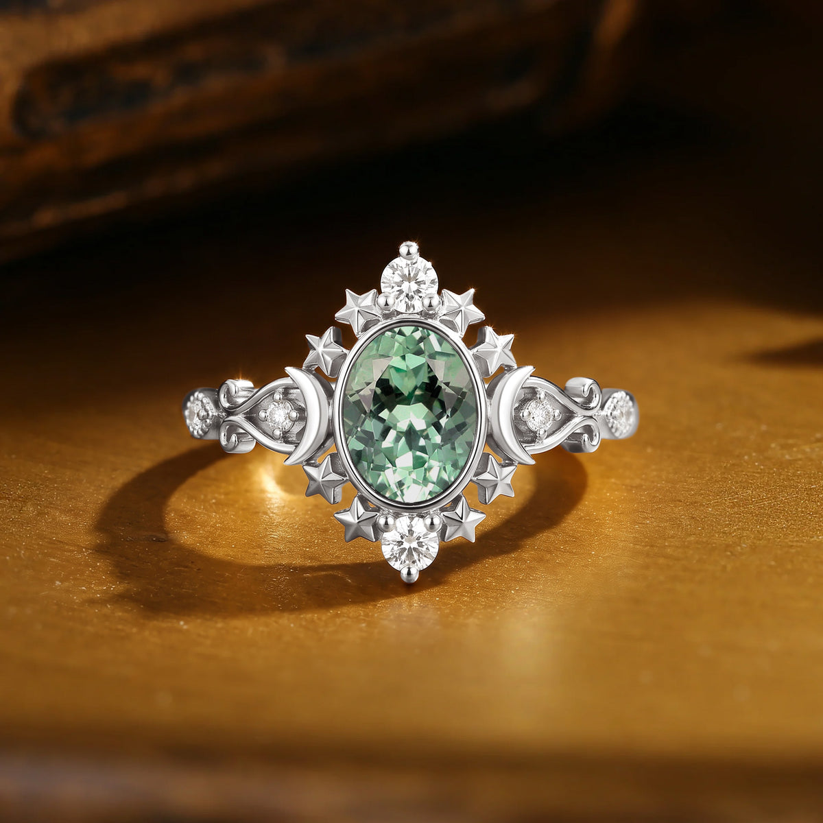 Celestial Bezel Oval Cut Green Sapphire Moon&Star Inspired Engagement Ring - Charlotte
