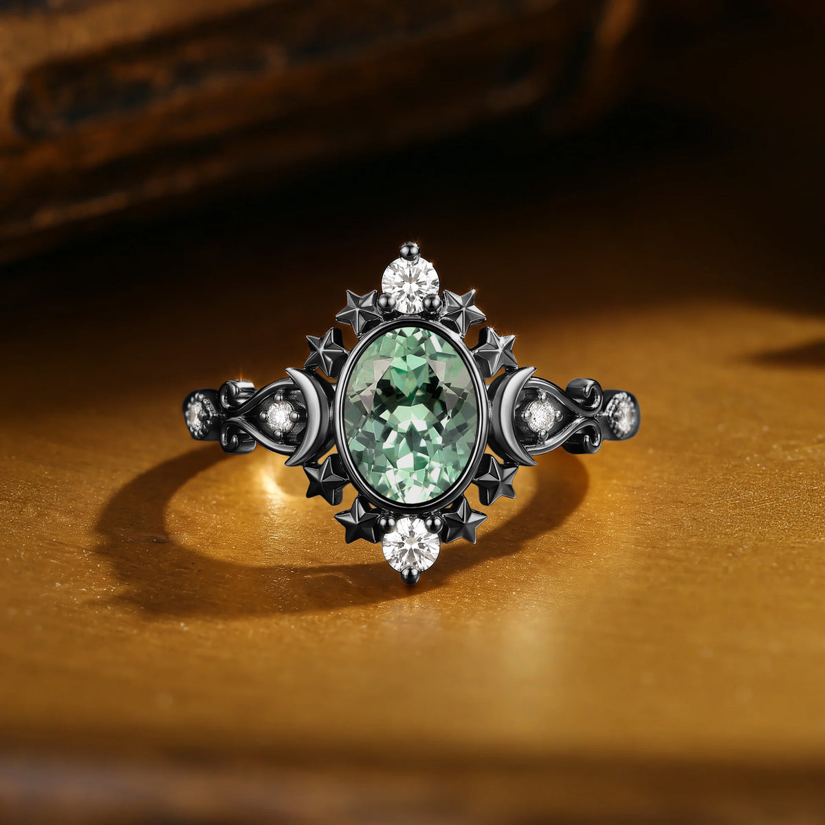 Celestial Bezel Oval Cut Green Sapphire Moon&Star Inspired Engagement Ring - Charlotte