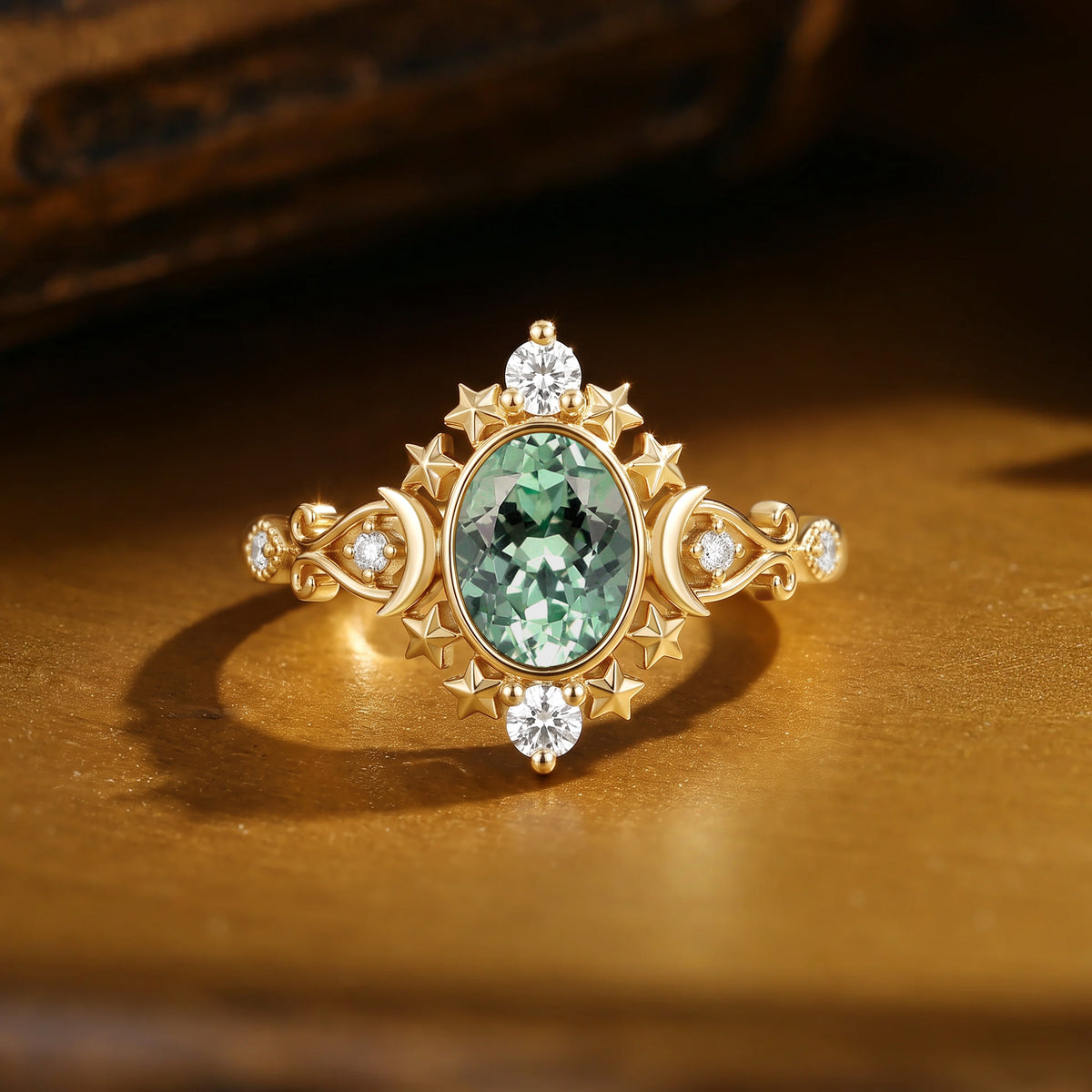 Celestial Bezel Oval Cut Green Sapphire Moon&Star Inspired Engagement Ring - Charlotte