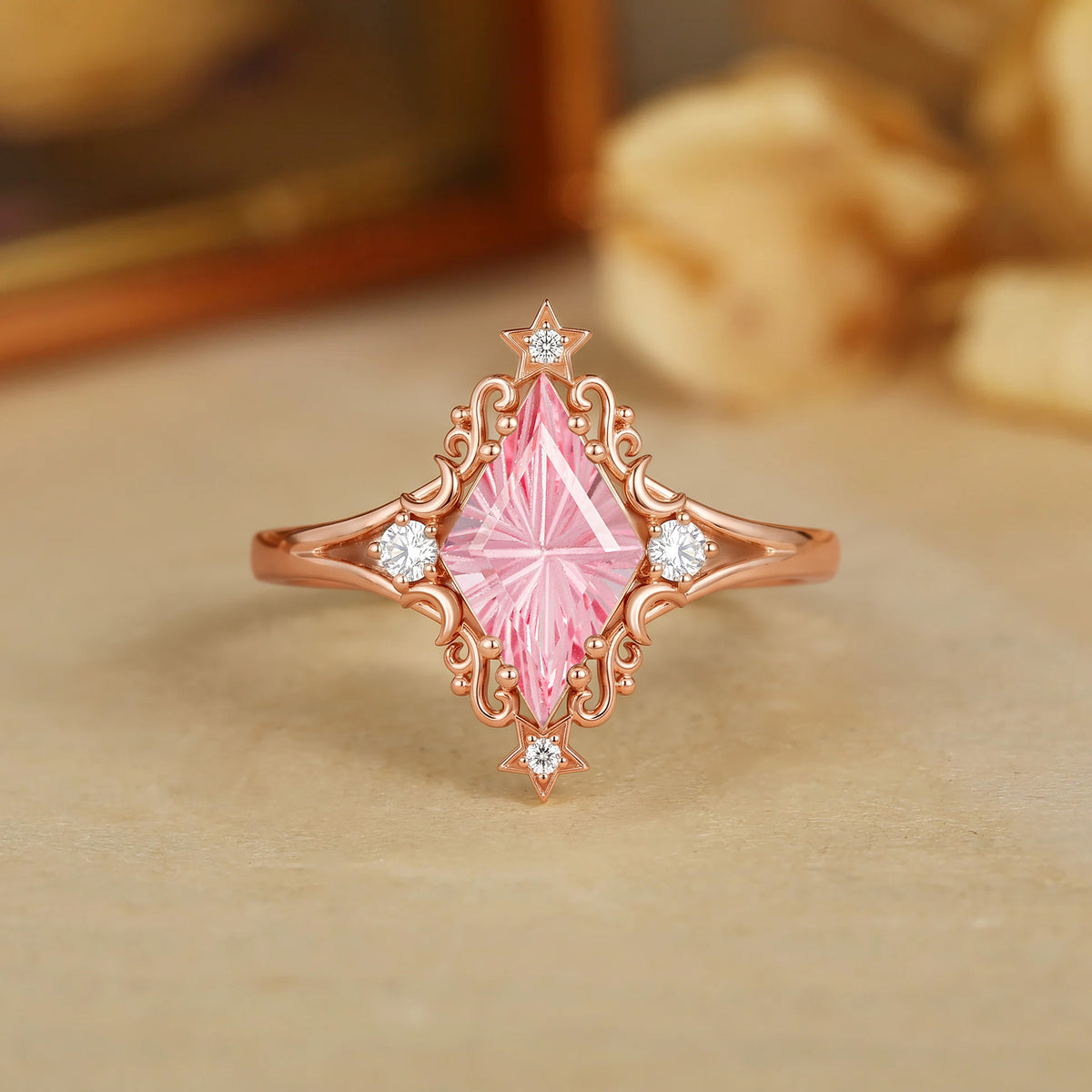 Celestial Kite Cut Lab Pink Sapphire Star Moon Moissanite Accent Engagement Ring-Stellara