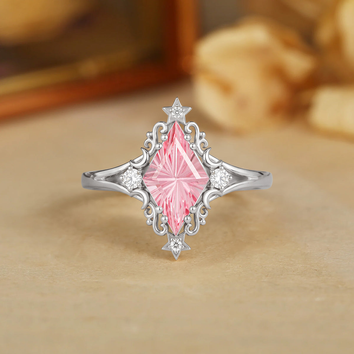 Celestial Kite Cut Lab Pink Sapphire Star Moon Moissanite Accent Engagement Ring-Stellara