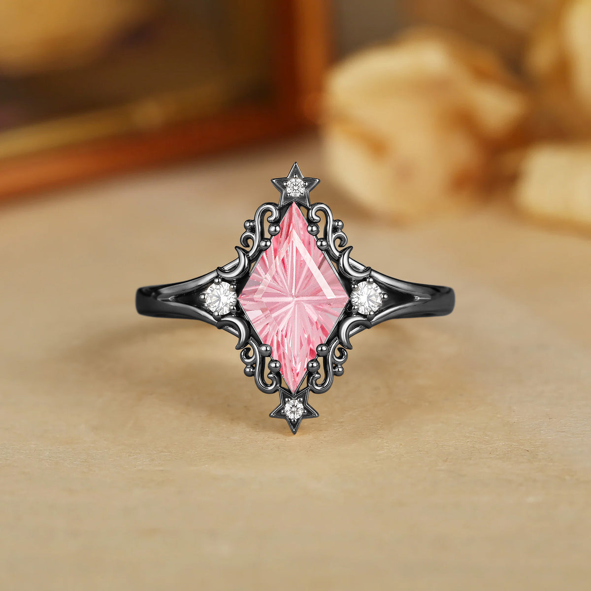 Celestial Kite Cut Lab Pink Sapphire Star Moon Moissanite Accent Engagement Ring-Stellara