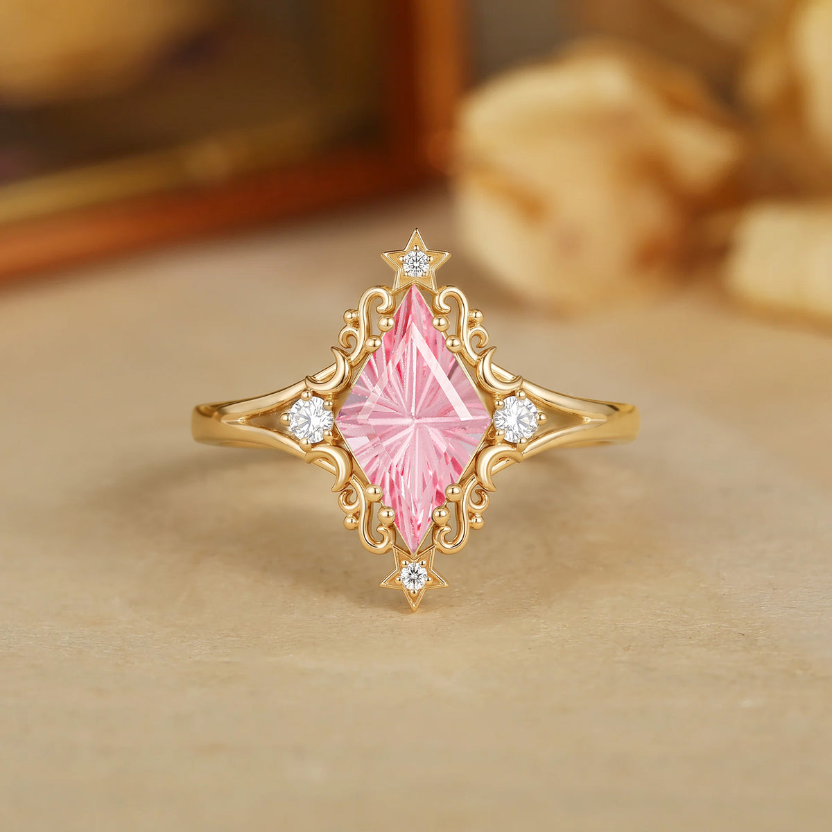 Celestial Kite Cut Lab Pink Sapphire Star Moon Moissanite Accent Engagement Ring-Stellara