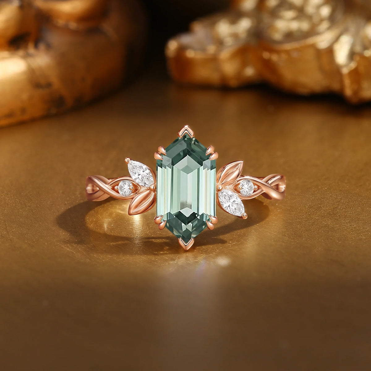 Ethereal Hexagon Cut Lab Green Sapphire Twisted Accent Engagement Ring-Maren