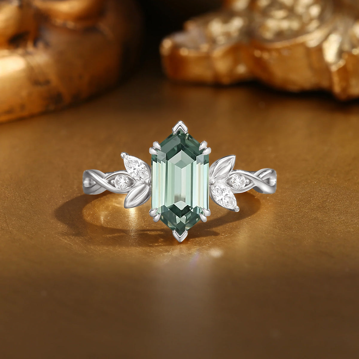 Ethereal Hexagon Cut Lab Green Sapphire Twisted Accent Engagement Ring-Maren
