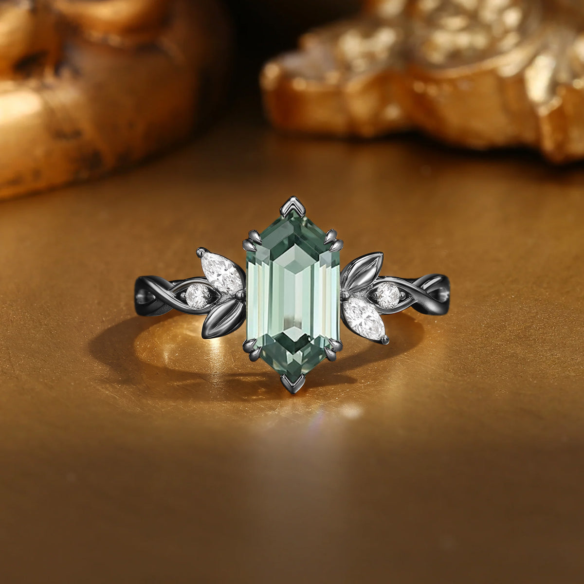 Ethereal Hexagon Cut Lab Green Sapphire Twisted Accent Engagement Ring-Maren
