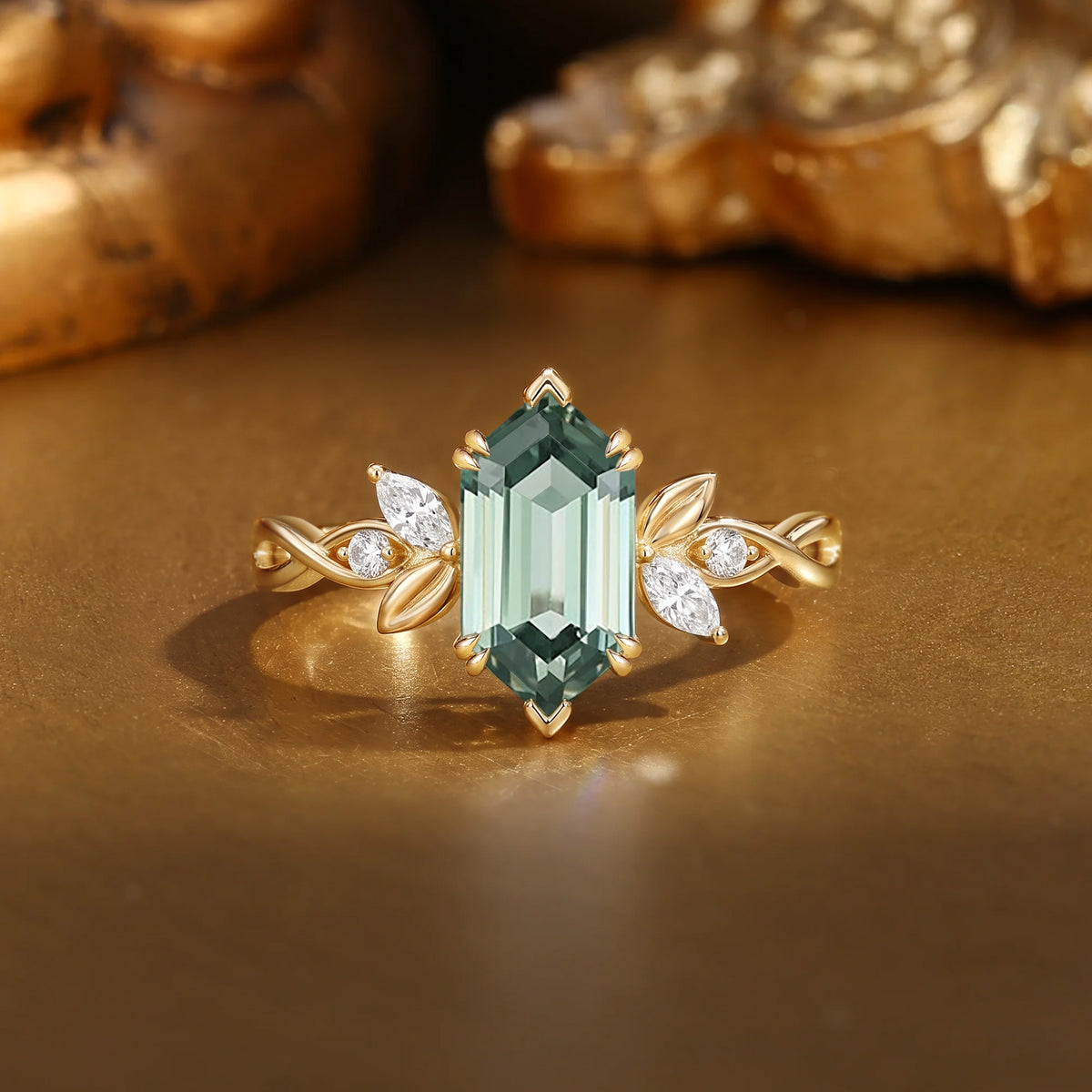 Ethereal Hexagon Cut Lab Green Sapphire Twisted Accent Engagement Ring-Maren