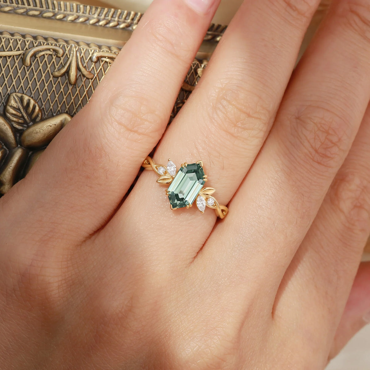 Ethereal Hexagon Cut Lab Green Sapphire Twisted Accent Engagement Ring-Maren