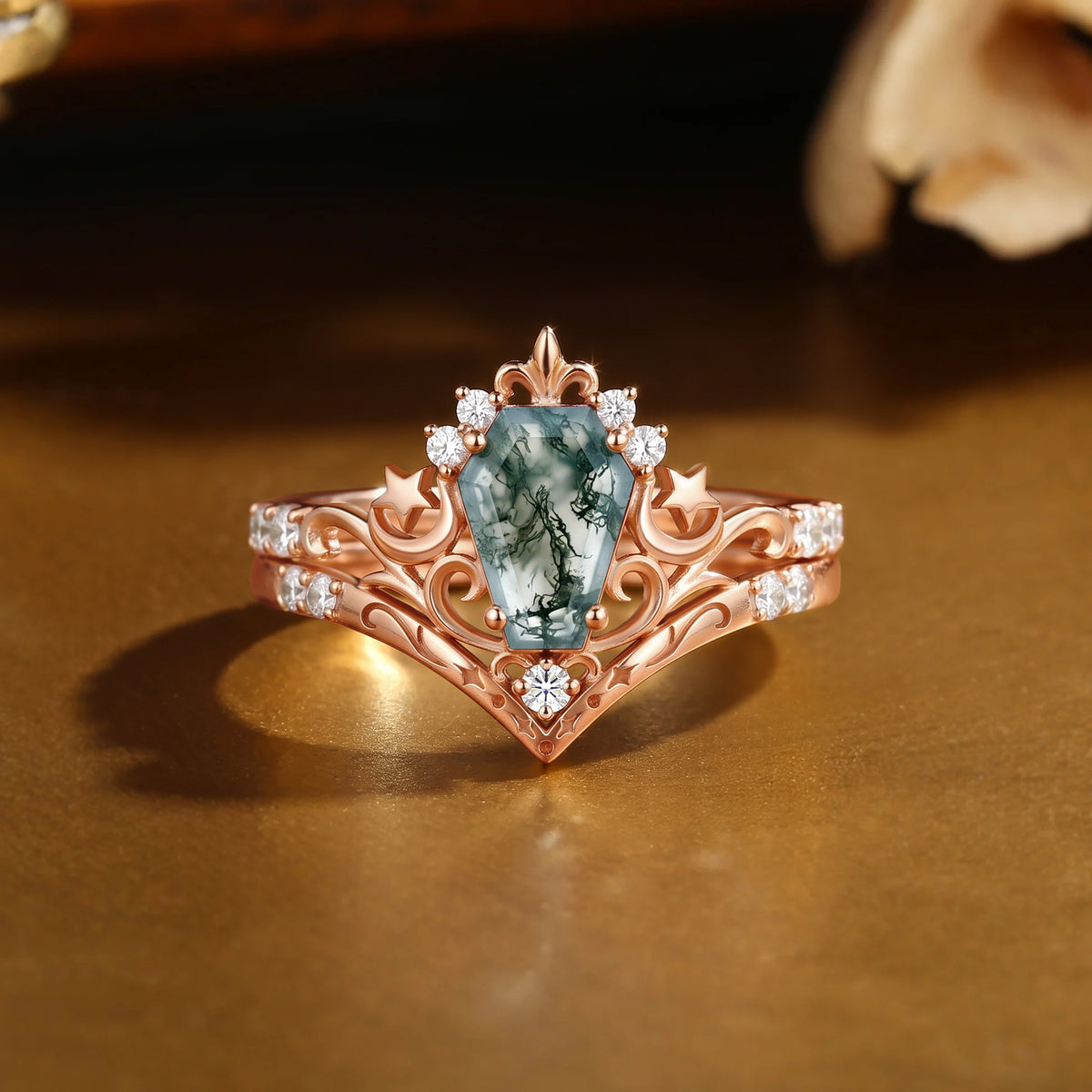 Coffin Cut Moss Agate Moissanite Star Accent Bridal Ring Set-Loffin