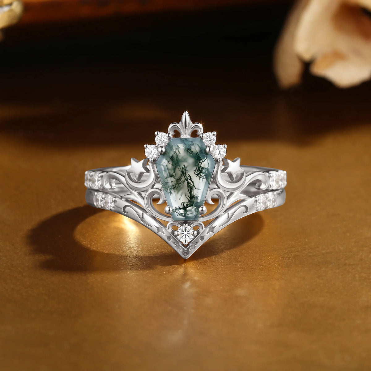 Coffin Cut Moss Agate Moissanite Star Accent Bridal Ring Set-Loffin