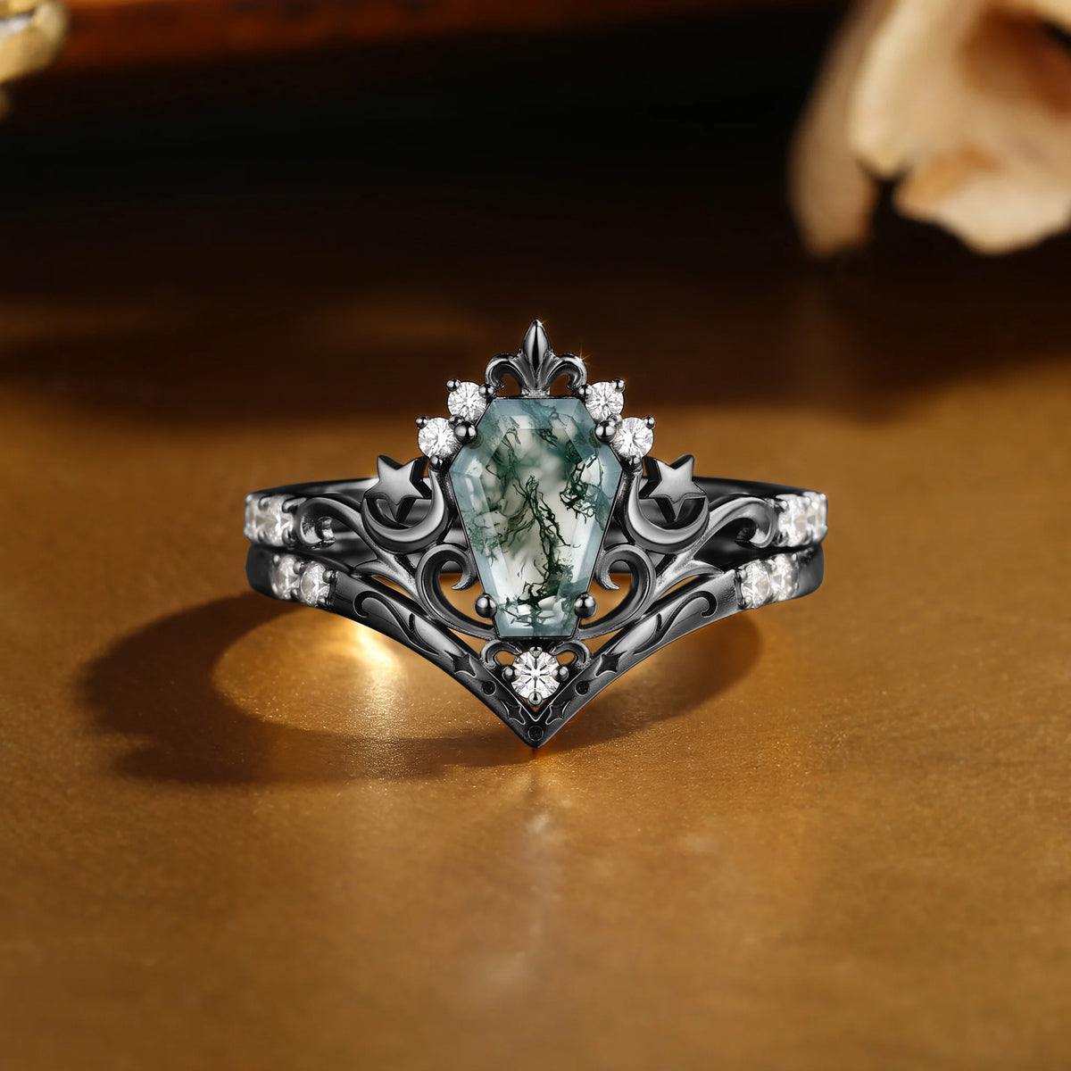 Coffin Cut Moss Agate Moissanite Star Accent Bridal Ring Set-Loffin
