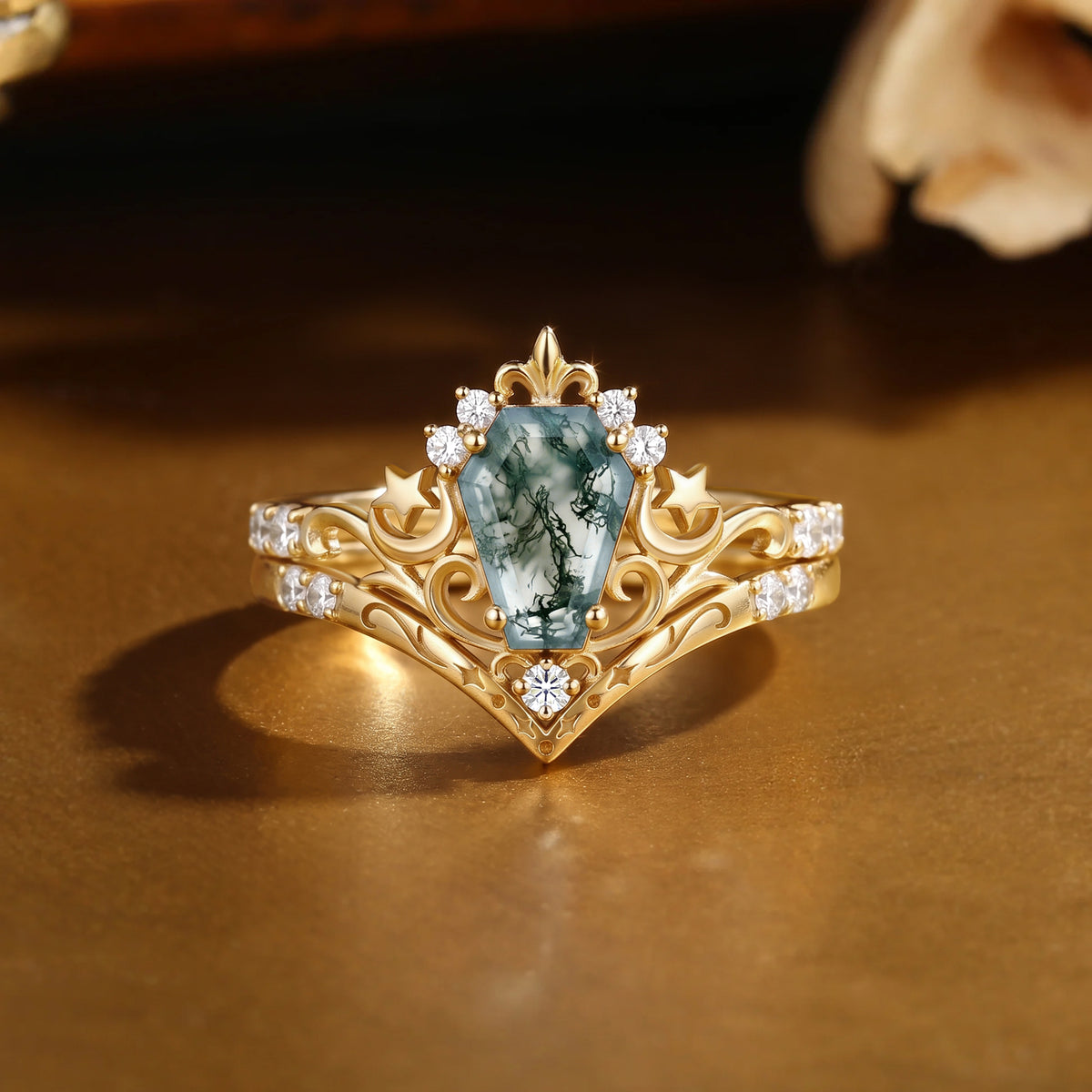 Coffin Cut Moss Agate Moissanite Star Accent Bridal Ring Set-Loffin