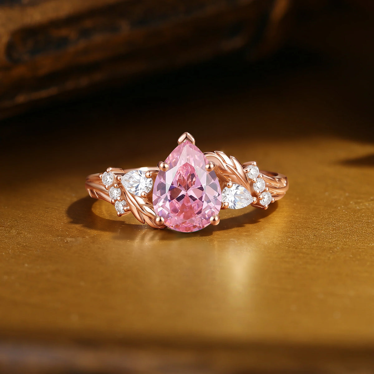 Pear Cut Lab Pink Sapphire Leaf Accent Engagement Ring-Pinkriy