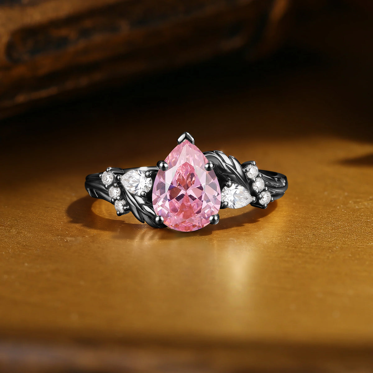 Pear Cut Lab Pink Sapphire Leaf Accent Engagement Ring-Pinkriy